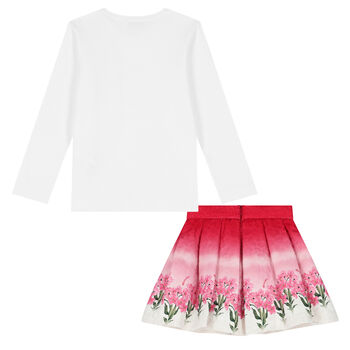 Girls White & Pink Floral Skirt Set
